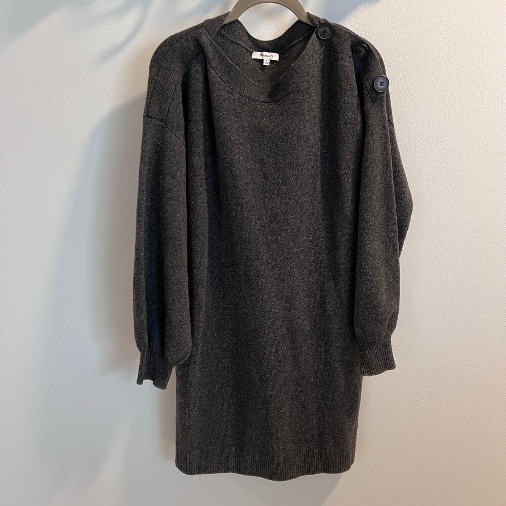Madewell Charcoal Gray Button Shoulder 100% Wool Sweater Dress Size M